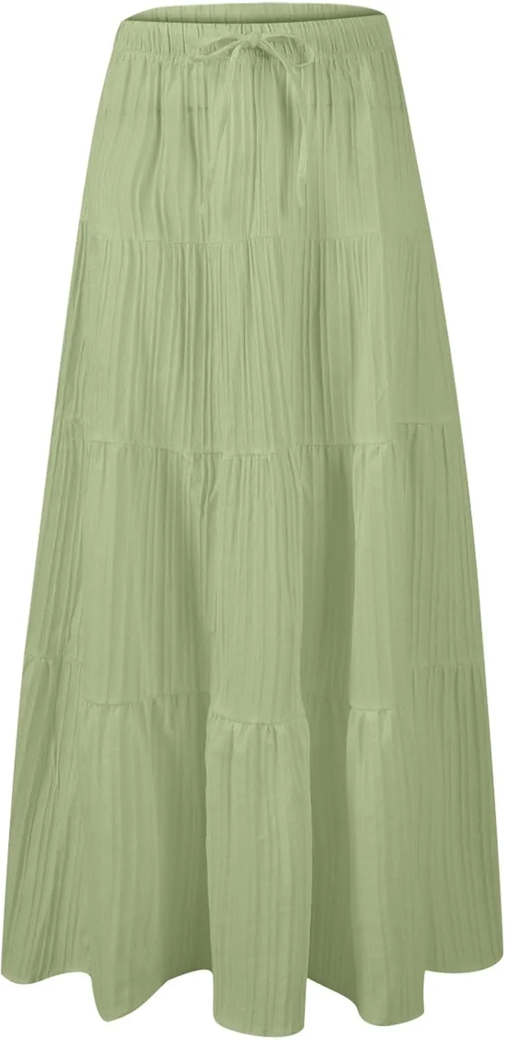 Womens Summer Flowy Swing Tiered A-Line Maxi Skirts 2025 Elastic Waist Pleated Long Skirt Trendy Boho Beach Clothes