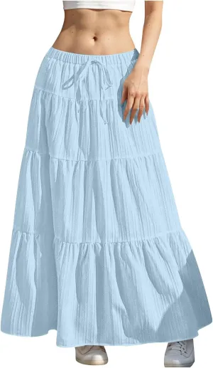 Womens Summer Flowy Swing Tiered A-Line Maxi Skirts 2025 Elastic Waist Pleated Long Skirt Trendy Boho Beach Clothes