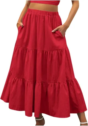 Women's Summer Tiered Flowy Swing Maxi Skirts High Elastic Waisted Pleated A-Line Skirt Boho Beach Long Dress