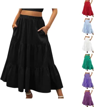 Women's Summer Tiered Flowy Swing Maxi Skirts High Elastic Waisted Pleated A-Line Skirt Boho Beach Long Dress