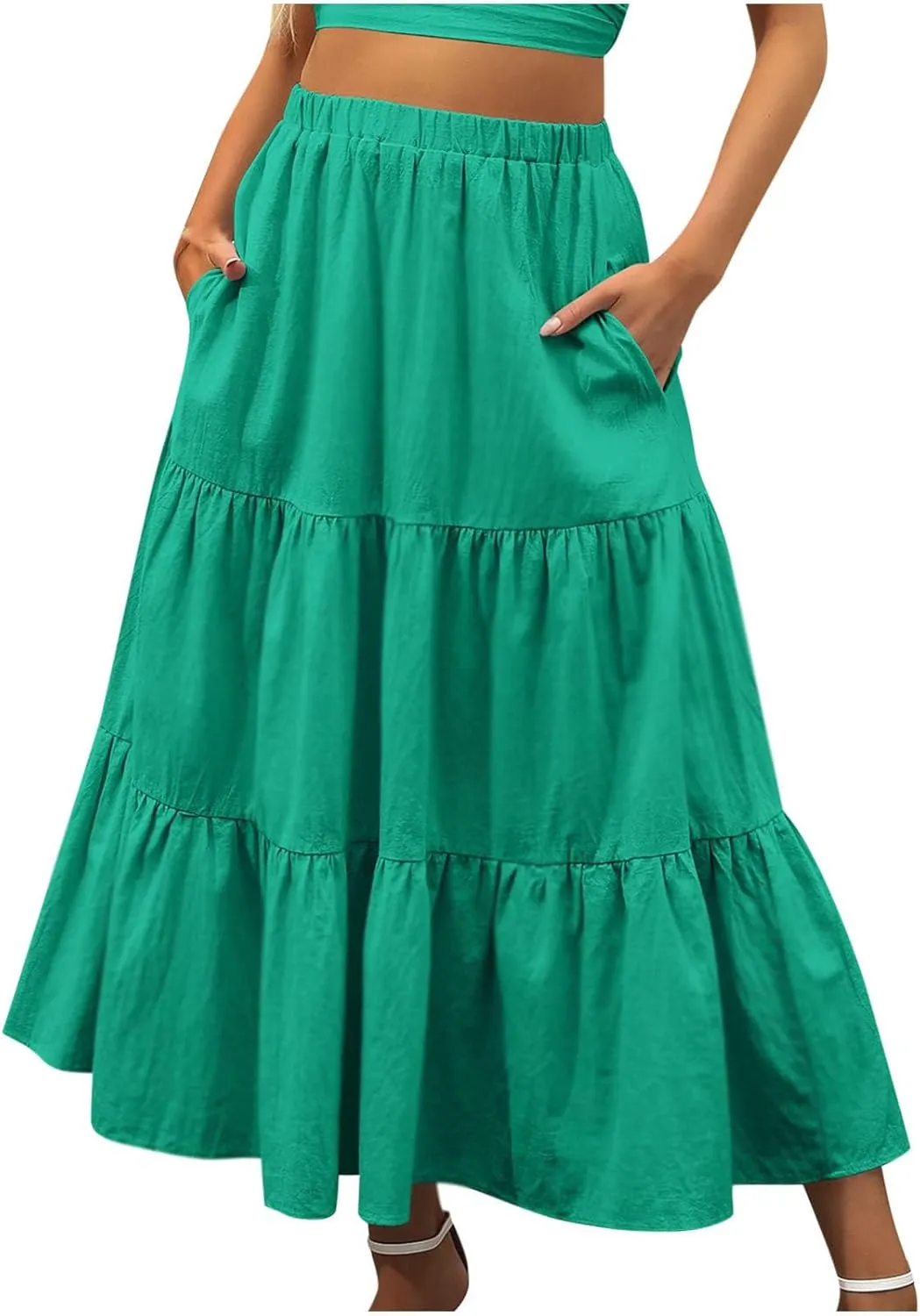 Women's Summer Tiered Flowy Swing Maxi Skirts High Elastic Waisted Pleated A-Line Skirt Boho Beach Long Dress