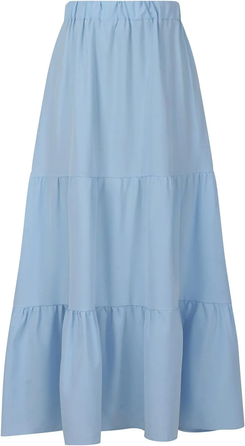 Women's Summer Tiered Flowy Swing Maxi Skirts High Elastic Waisted Pleated A-Line Skirt Boho Beach Long Dress