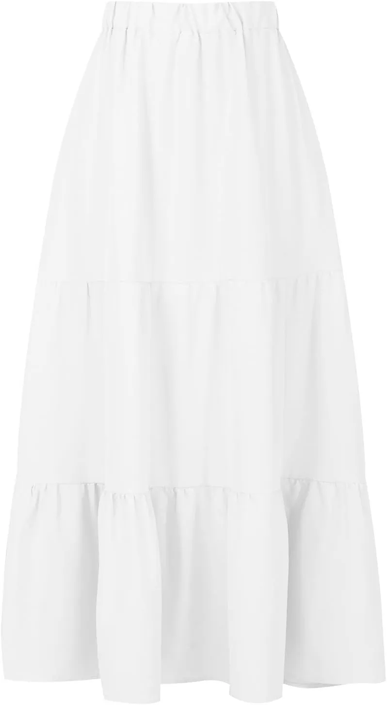 Women's Summer Tiered Flowy Swing Maxi Skirts High Elastic Waisted Pleated A-Line Skirt Boho Beach Long Dress