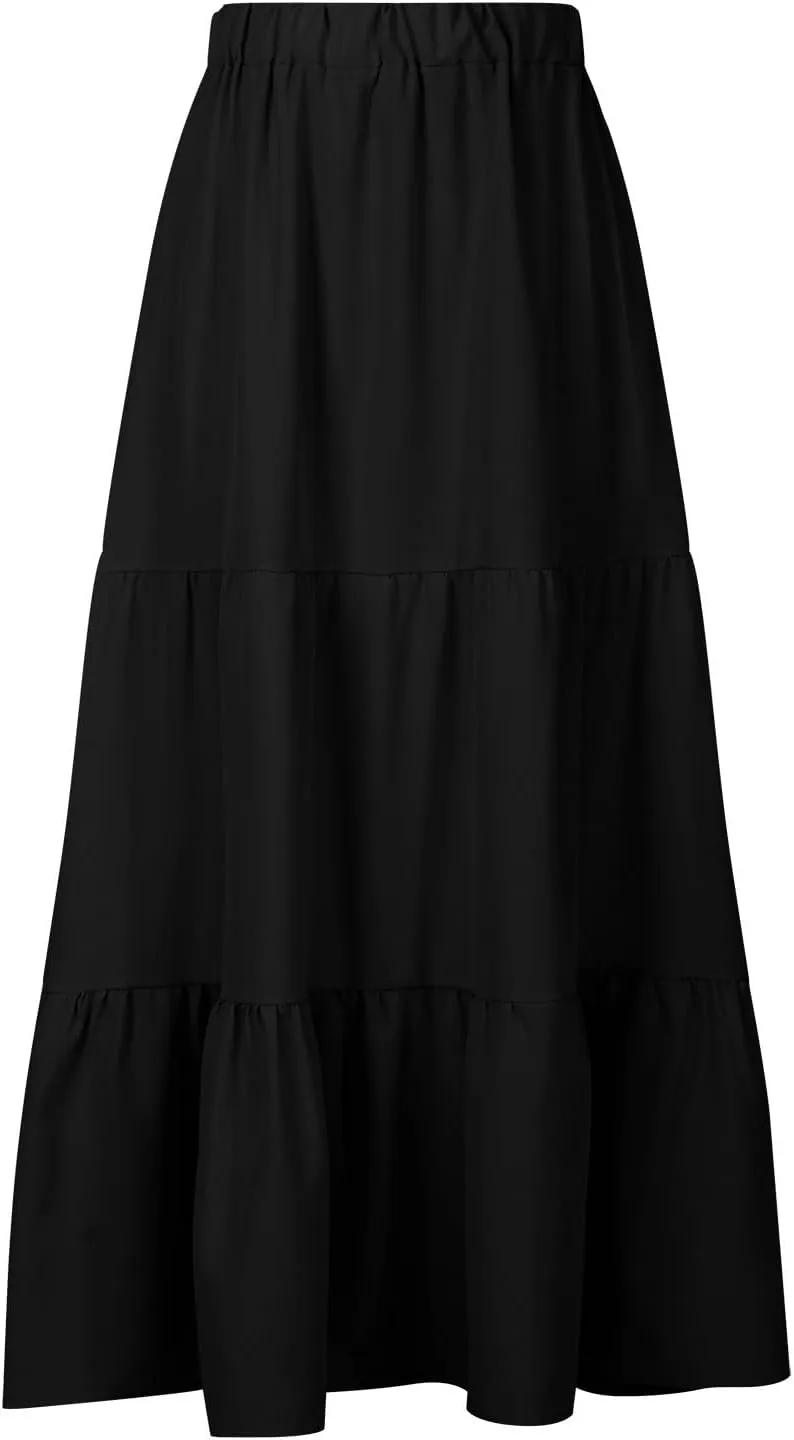 Women's Summer Tiered Flowy Swing Maxi Skirts High Elastic Waisted Pleated A-Line Skirt Boho Beach Long Dress