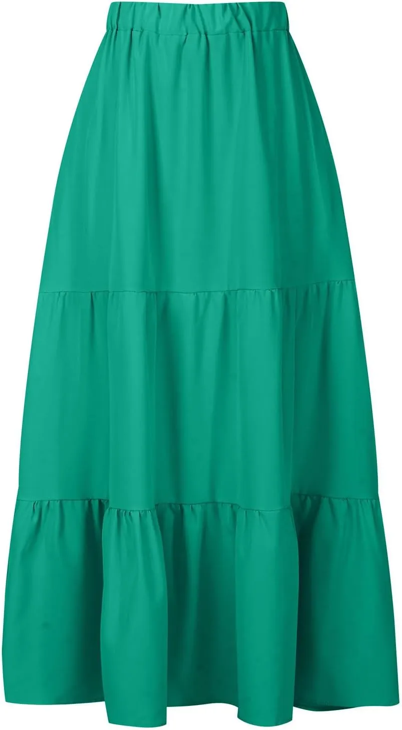 Women's Summer Tiered Flowy Swing Maxi Skirts High Elastic Waisted Pleated A-Line Skirt Boho Beach Long Dress