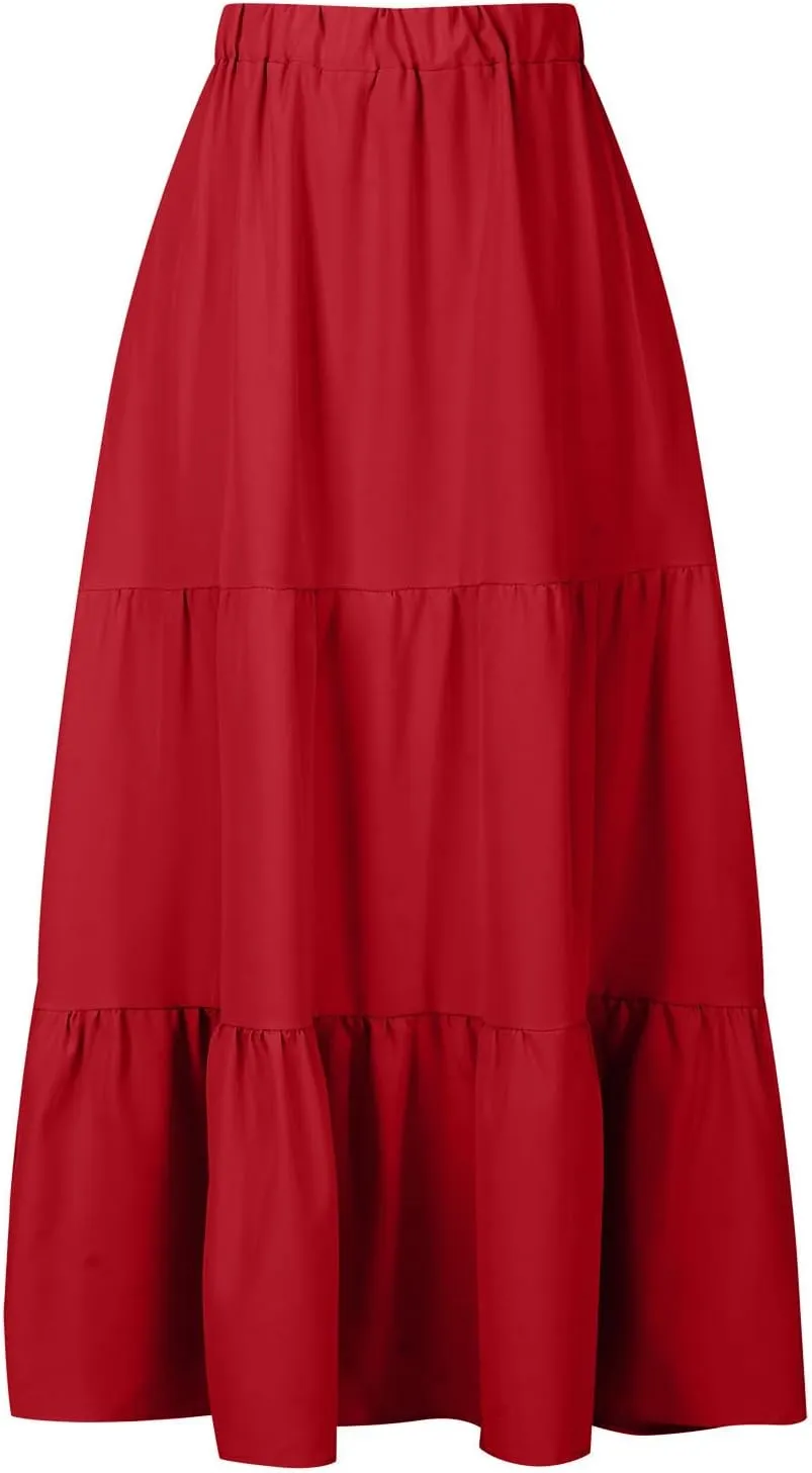 Women's Summer Tiered Flowy Swing Maxi Skirts High Elastic Waisted Pleated A-Line Skirt Boho Beach Long Dress