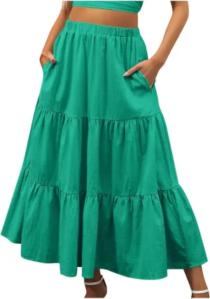 Women's Summer Tiered Flowy Swing Maxi Skirts High Elastic Waisted Pleated A-Line Skirt Boho Beach Long Dress