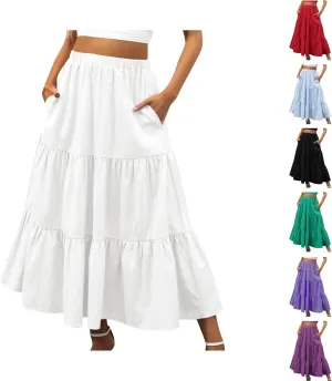 Women's Summer Tiered Flowy Swing Maxi Skirts High Elastic Waisted Pleated A-Line Skirt Boho Beach Long Dress