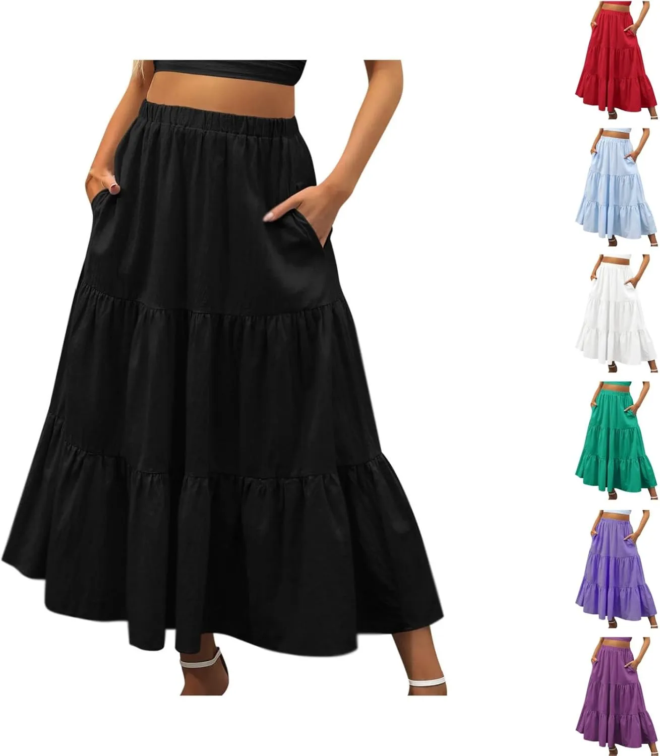 Women's Summer Tiered Flowy Swing Maxi Skirts High Elastic Waisted Pleated A-Line Skirt Boho Beach Long Dress