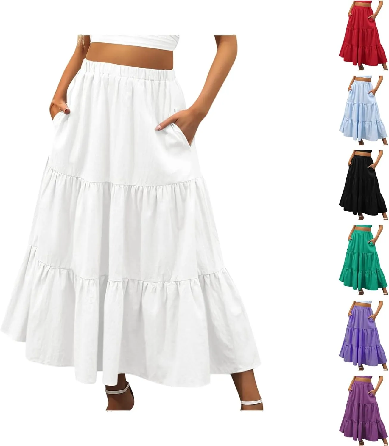Women's Summer Tiered Flowy Swing Maxi Skirts High Elastic Waisted Pleated A-Line Skirt Boho Beach Long Dress