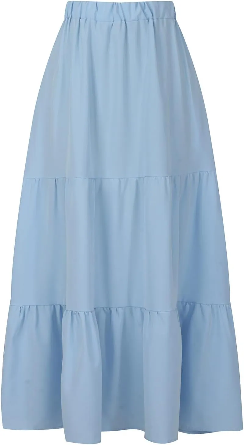 Women's Summer Tiered Flowy Swing Maxi Skirts High Elastic Waisted Pleated A-Line Skirt Boho Beach Long Dress