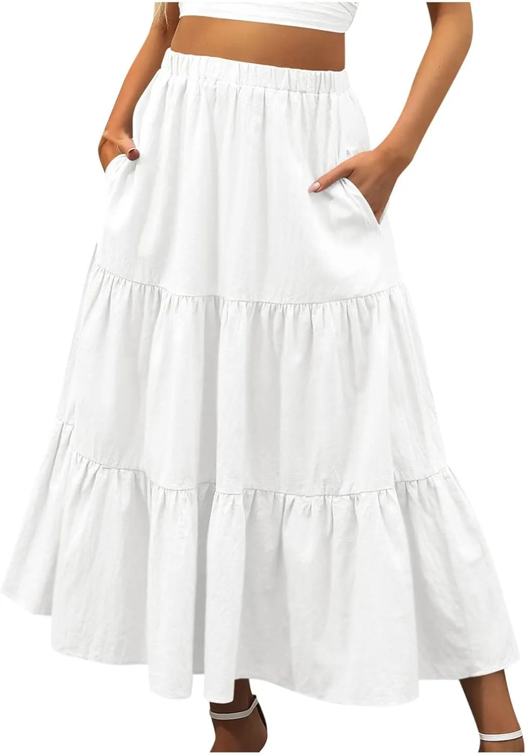 Women's Summer Tiered Flowy Swing Maxi Skirts High Elastic Waisted Pleated A-Line Skirt Boho Beach Long Dress
