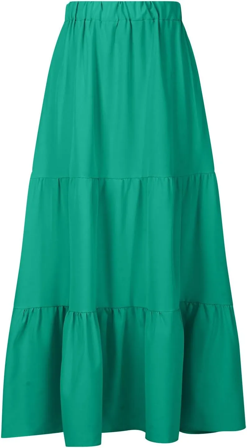 Women's Summer Tiered Flowy Swing Maxi Skirts High Elastic Waisted Pleated A-Line Skirt Boho Beach Long Dress