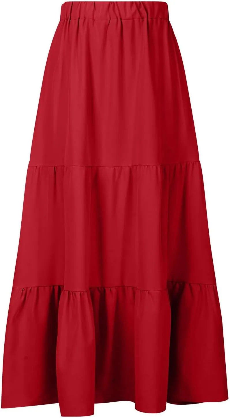 Women's Summer Tiered Flowy Swing Maxi Skirts High Elastic Waisted Pleated A-Line Skirt Boho Beach Long Dress