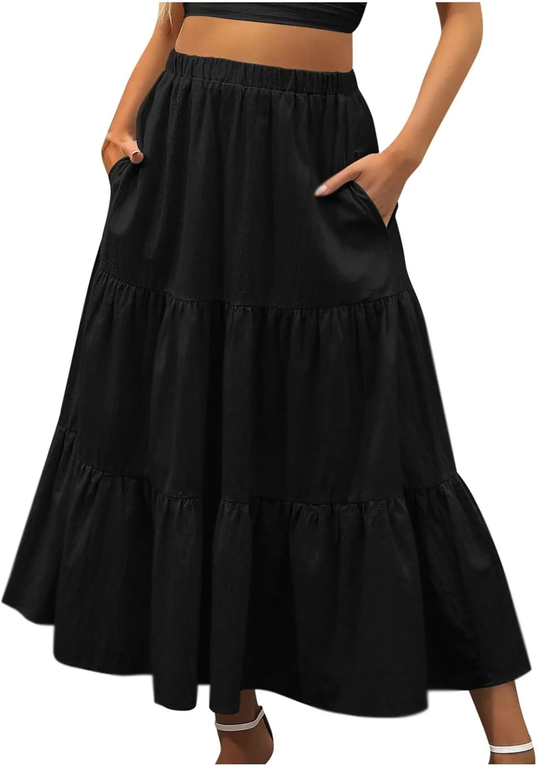 Women's Summer Tiered Flowy Swing Maxi Skirts High Elastic Waisted Pleated A-Line Skirt Boho Beach Long Dress