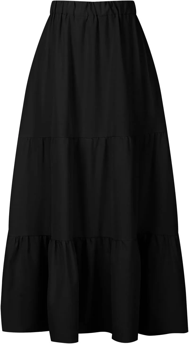 Women's Summer Tiered Flowy Swing Maxi Skirts High Elastic Waisted Pleated A-Line Skirt Boho Beach Long Dress