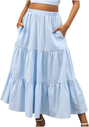 Women's Summer Tiered Flowy Swing Maxi Skirts High Elastic Waisted Pleated A-Line Skirt Boho Beach Long Dress