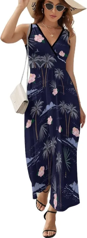Women's Summer V Neck Sleeveless Tropical Maxi Sundress Casual Flowy Beach Tank Dress