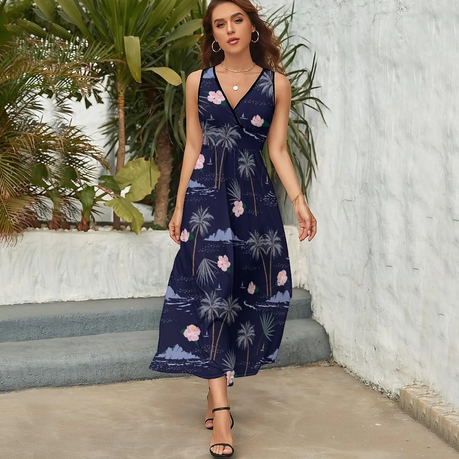 Women's Summer V Neck Sleeveless Tropical Maxi Sundress Casual Flowy Beach Tank Dress