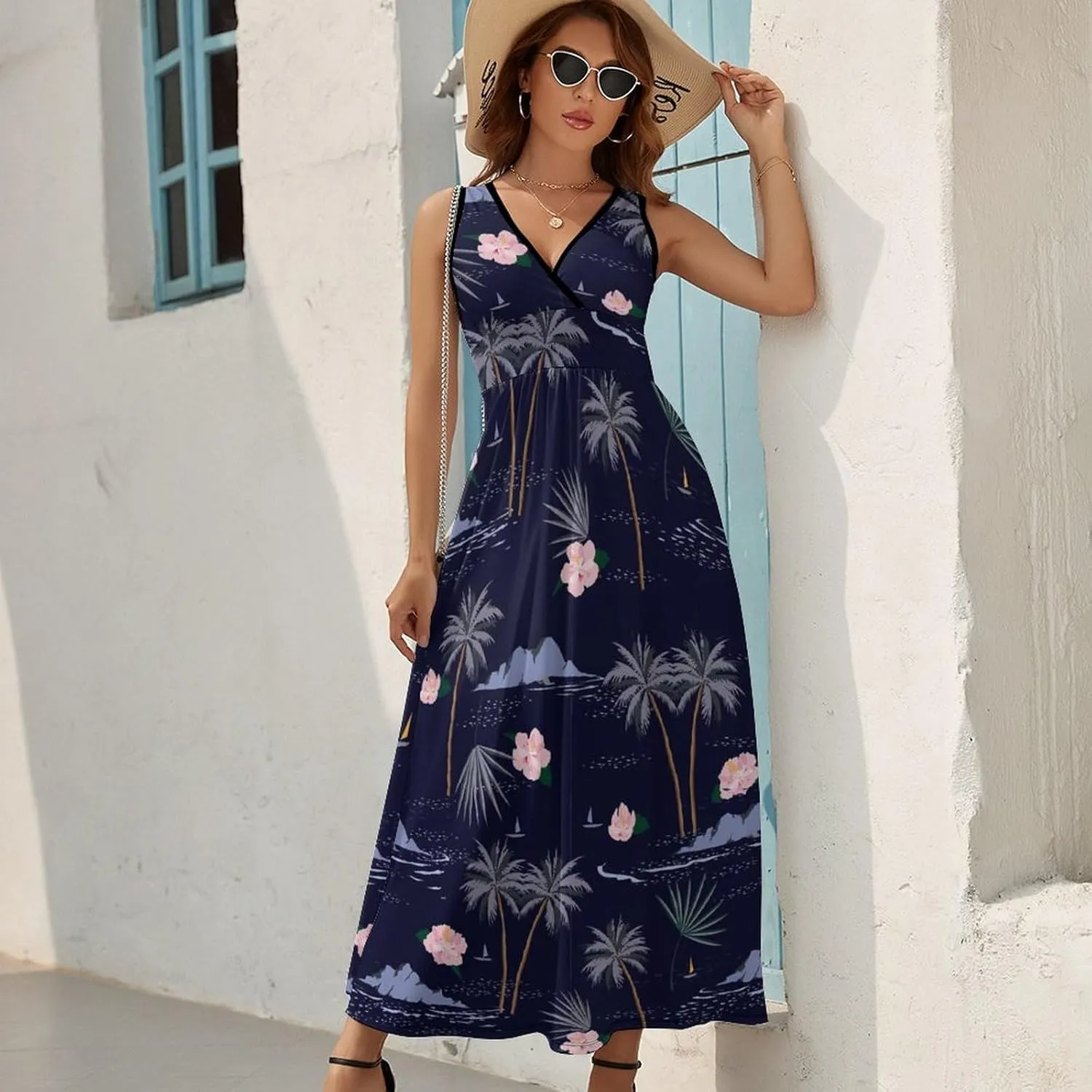 Women's Summer V Neck Sleeveless Tropical Maxi Sundress Casual Flowy Beach Tank Dress