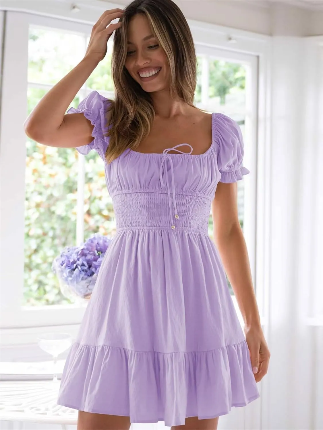 Womens Summer Vaction Travel Dress Square Neck Ruffle A Line Swing Mini Dress Puff Sleeve Tie Waist Short Dresses
