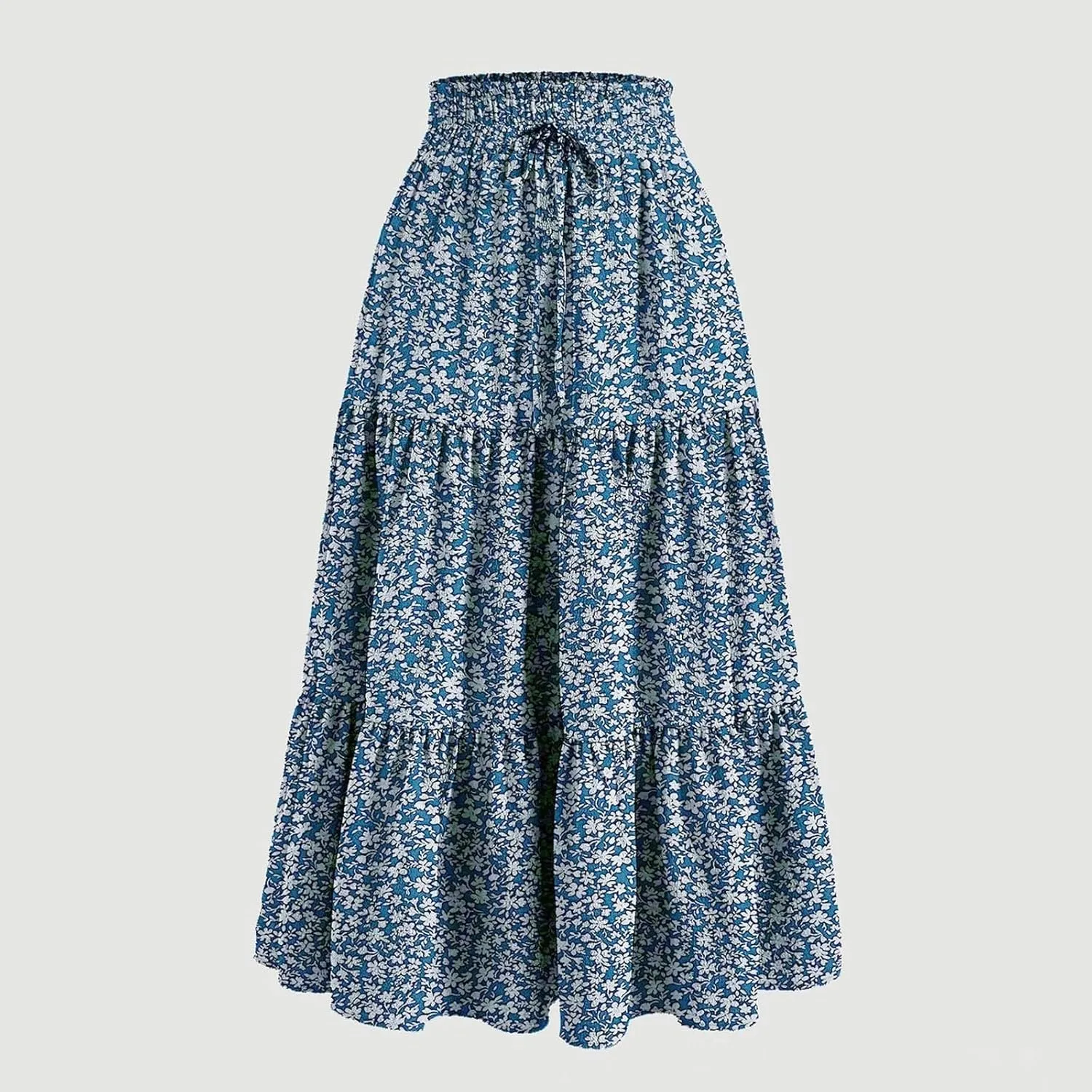 Womens Tiered Floral Maxi Skirts Trendy Summer Boho Beach Long Dress Drawstring Waist Flowy Swing A-Line Skirt
