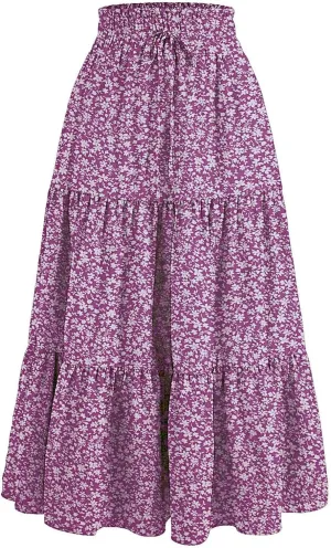 Womens Tiered Floral Maxi Skirts Trendy Summer Boho Beach Long Dress Drawstring Waist Flowy Swing A-Line Skirt