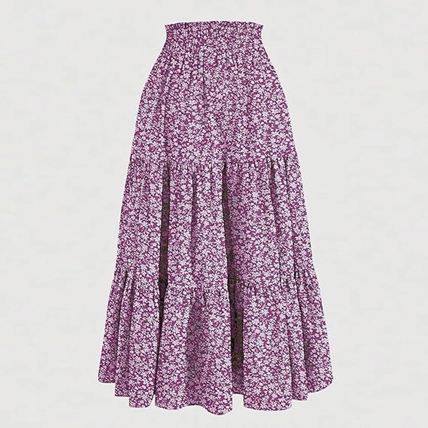 Womens Tiered Floral Maxi Skirts Trendy Summer Boho Beach Long Dress Drawstring Waist Flowy Swing A-Line Skirt