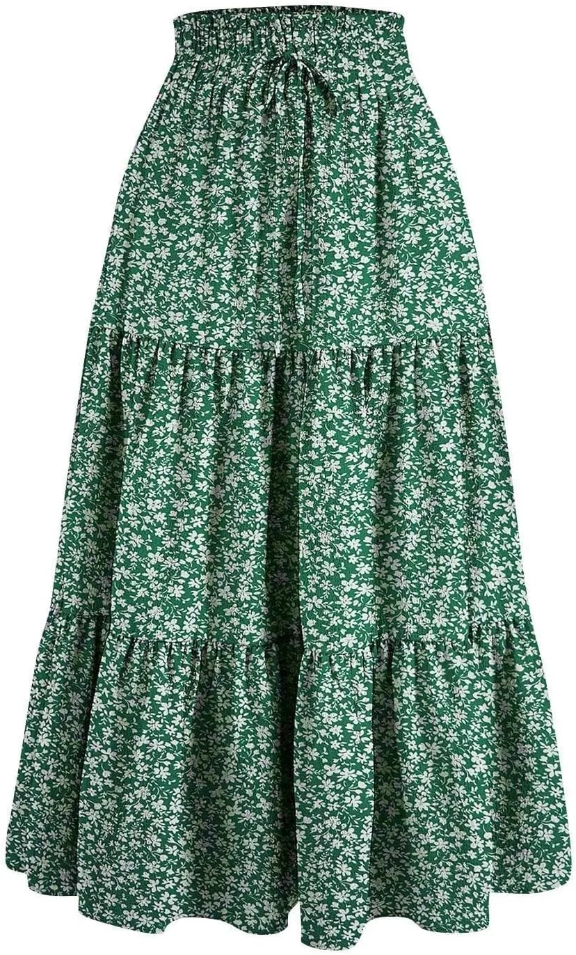 Womens Tiered Floral Maxi Skirts Trendy Summer Boho Beach Long Dress Drawstring Waist Flowy Swing A-Line Skirt