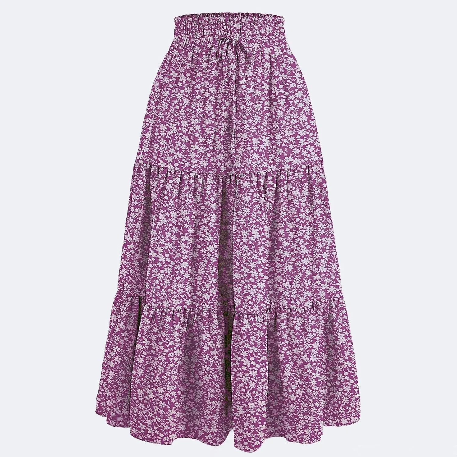 Womens Tiered Floral Maxi Skirts Trendy Summer Boho Beach Long Dress Drawstring Waist Flowy Swing A-Line Skirt