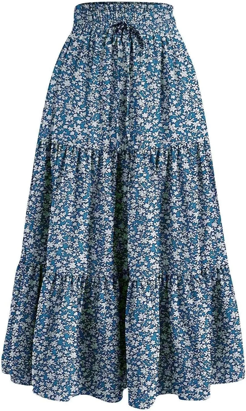 Womens Tiered Floral Maxi Skirts Trendy Summer Boho Beach Long Dress Drawstring Waist Flowy Swing A-Line Skirt