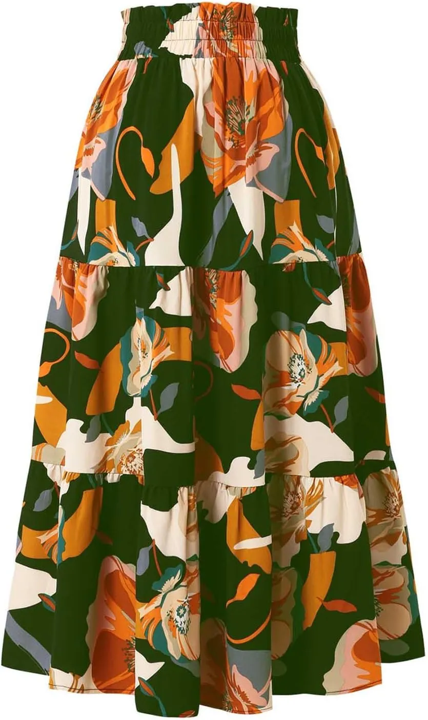 Womens Tiered Floral Maxi Skirts Trendy Summer Boho Beach Long Dress Drawstring Waist Flowy Swing A-Line Skirt