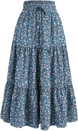 Womens Tiered Floral Maxi Skirts Trendy Summer Boho Beach Long Dress Drawstring Waist Flowy Swing A-Line Skirt