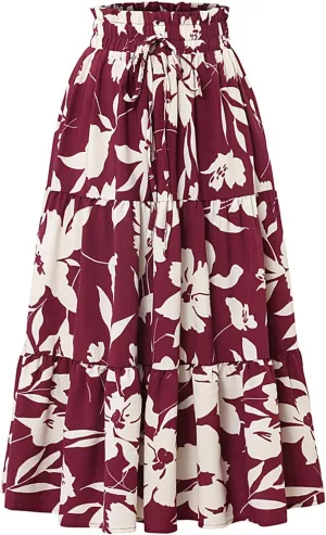 Womens Tiered Floral Maxi Skirts Trendy Summer Boho Beach Long Dress Drawstring Waist Flowy Swing A-Line Skirt