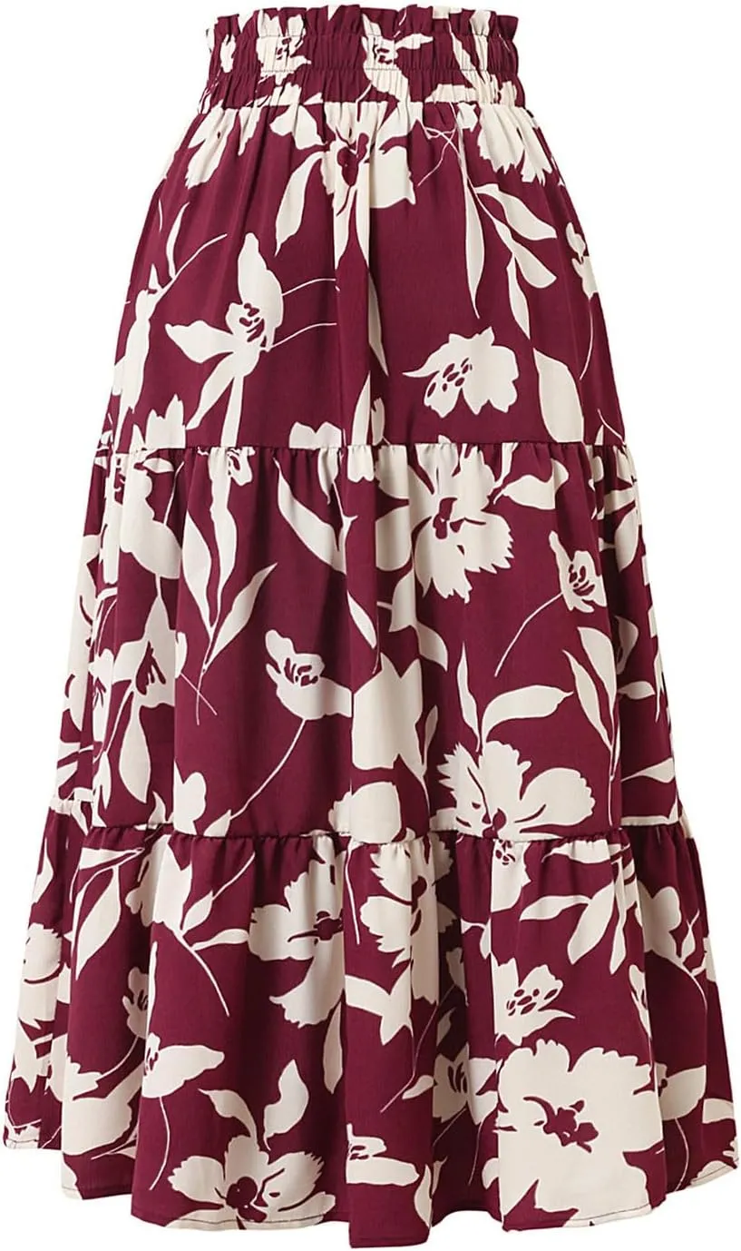 Womens Tiered Floral Maxi Skirts Trendy Summer Boho Beach Long Dress Drawstring Waist Flowy Swing A-Line Skirt