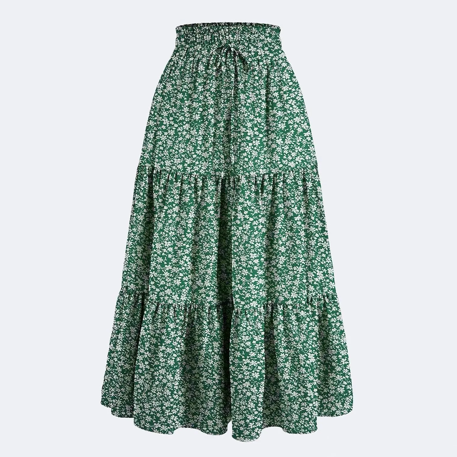 Womens Tiered Floral Maxi Skirts Trendy Summer Boho Beach Long Dress Drawstring Waist Flowy Swing A-Line Skirt