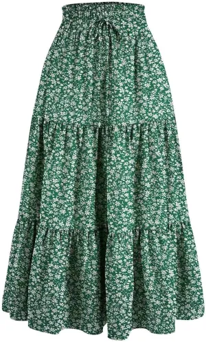 Womens Tiered Floral Maxi Skirts Trendy Summer Boho Beach Long Dress Drawstring Waist Flowy Swing A-Line Skirt