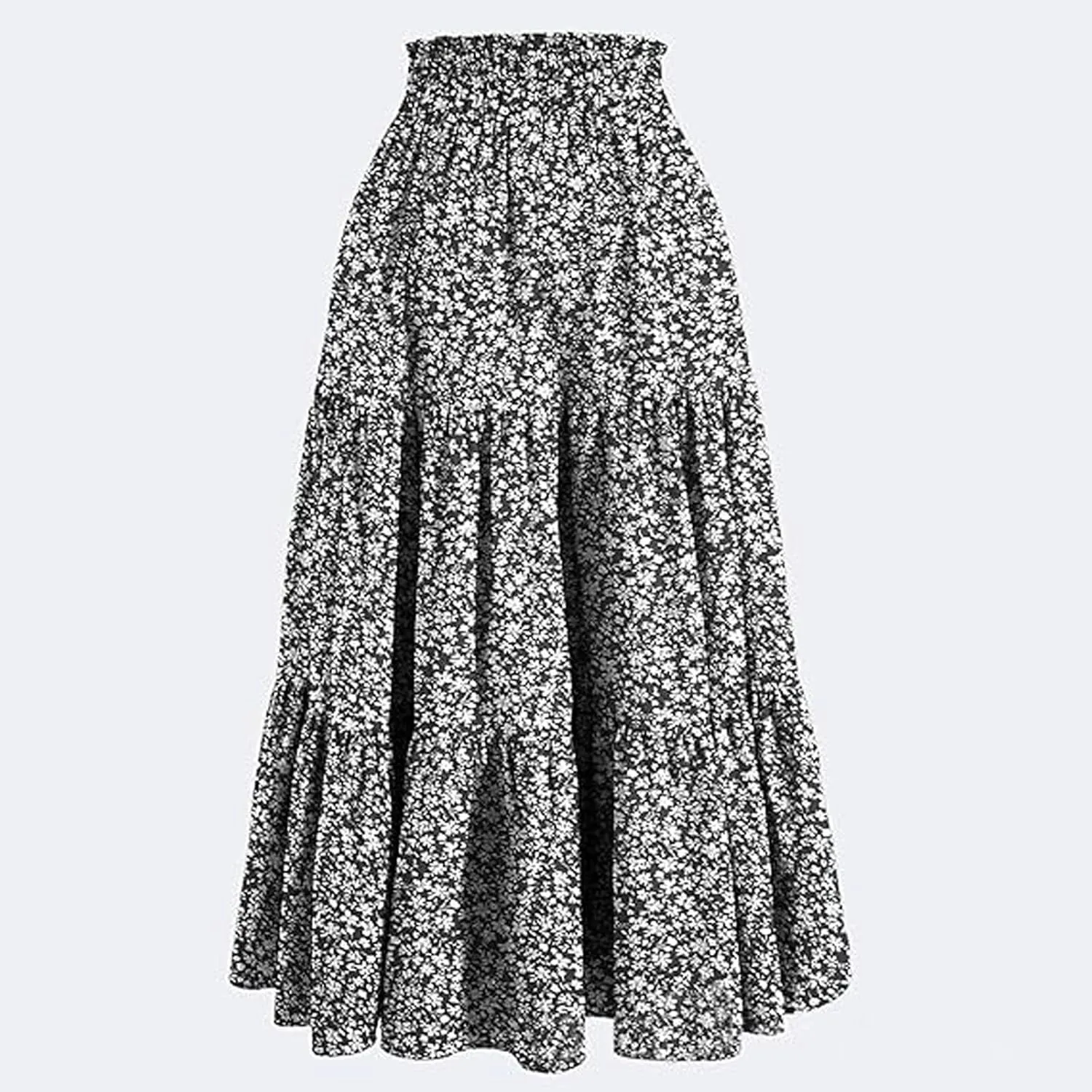 Womens Tiered Floral Maxi Skirts Trendy Summer Boho Beach Long Dress Drawstring Waist Flowy Swing A-Line Skirt