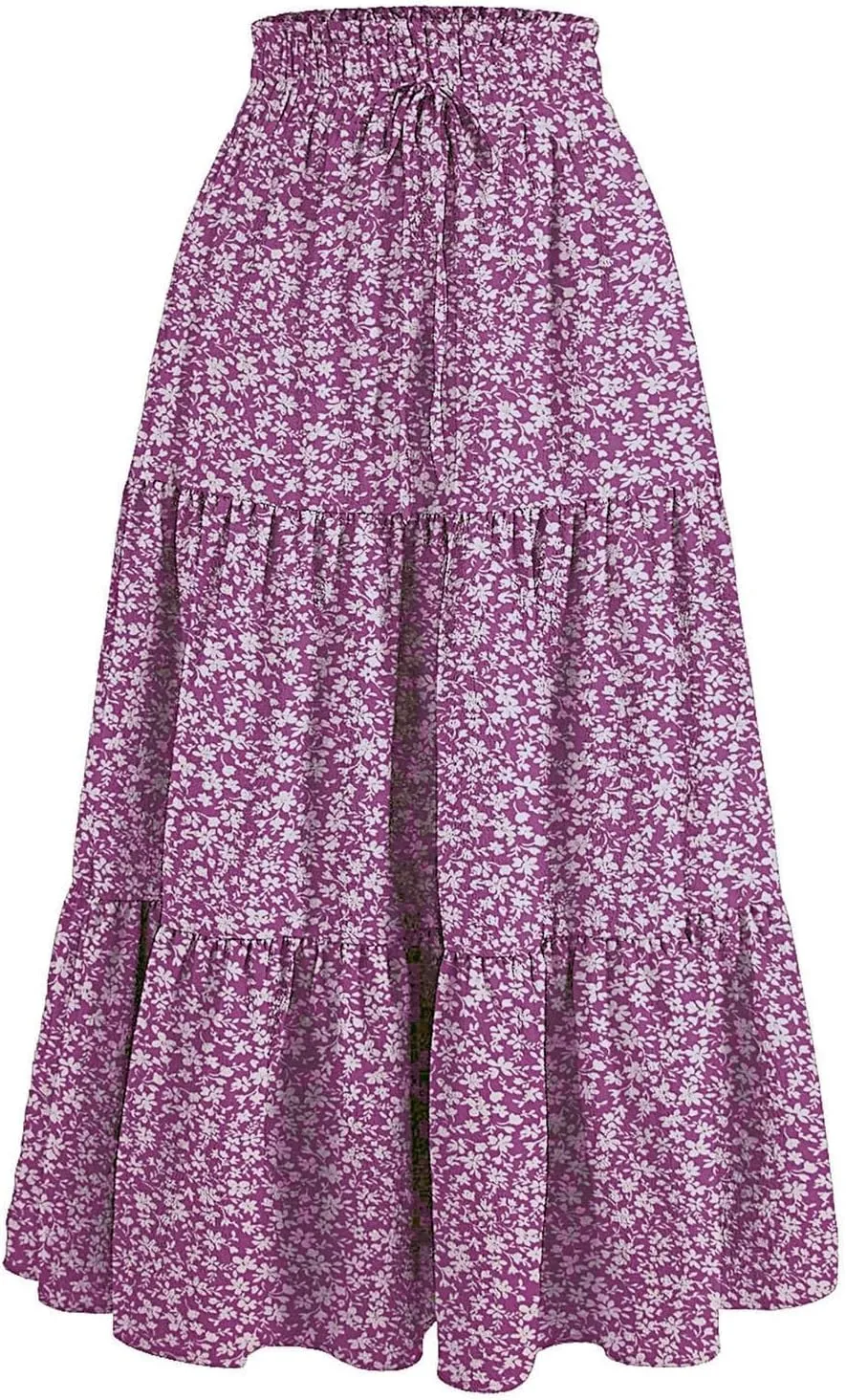Womens Tiered Floral Maxi Skirts Trendy Summer Boho Beach Long Dress Drawstring Waist Flowy Swing A-Line Skirt
