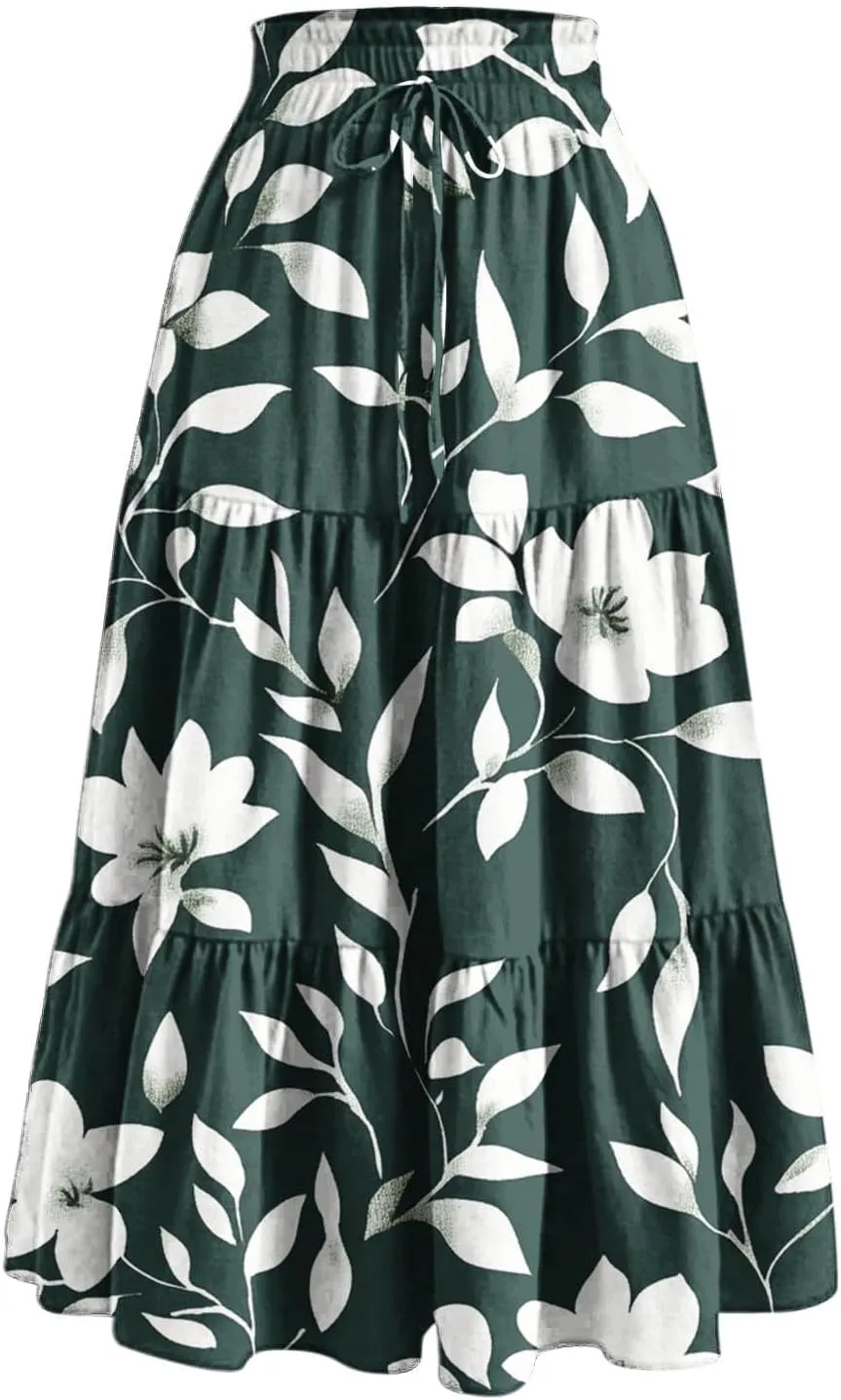 Womens Tiered Maxi Skirts Drawstring Elastic Waist Flowy Swing Long Skirt Summer Boho Beach Dress Trendy Clothes