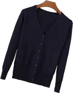 Womens V-Neck Button Down Long Sleeve Crew Neck Soft Classic Basic Knit Cardigan Sweater