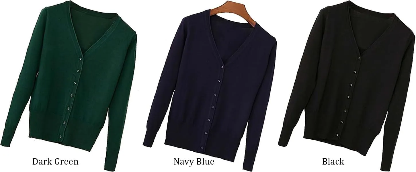 Womens V-Neck Button Down Long Sleeve Crew Neck Soft Classic Basic Knit Cardigan Sweater
