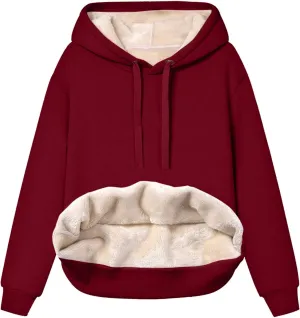 Womens Winter Warm Fleece Sherpa Lined Casual Drawstring Cotton Hooded Sweatshirts Thick Pullover with Pocket