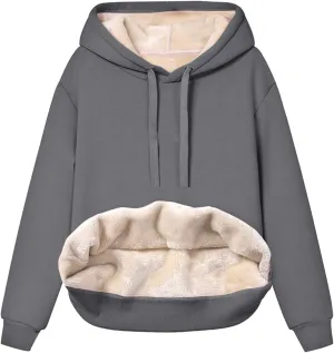 Womens Winter Warm Fleece Sherpa Lined Casual Drawstring Cotton Hooded Sweatshirts Thick Pullover with Pocket