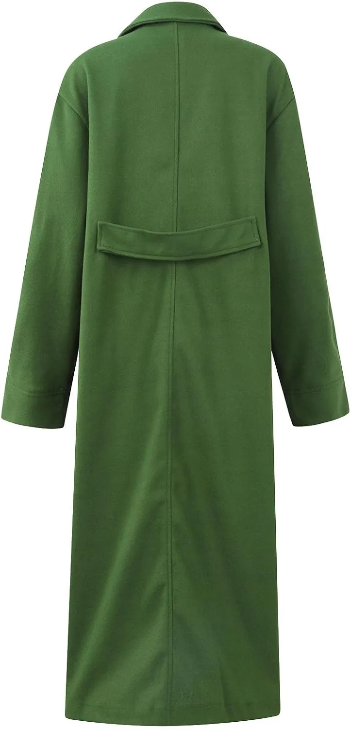 Women's Wool Blend Maxi Pea Coat Plus Size Turn Down Collar Button Down Windbreaker Trench Coat with Flap Pockets