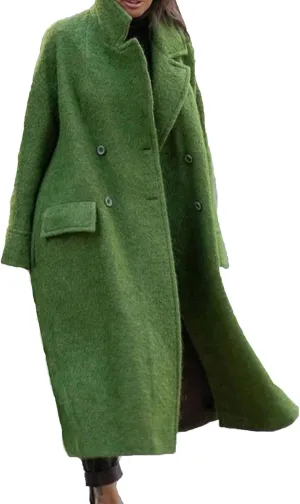 Women's Wool Blend Maxi Pea Coat Plus Size Turn Down Collar Button Down Windbreaker Trench Coat with Flap Pockets
