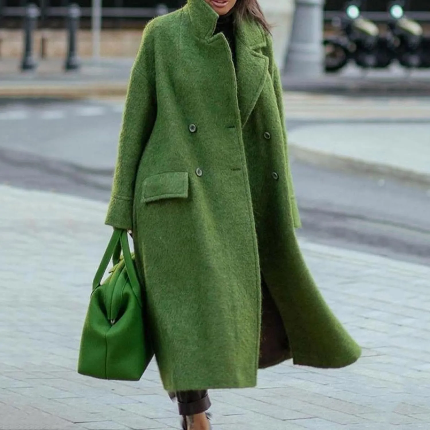 Women's Wool Blend Maxi Pea Coat Plus Size Turn Down Collar Button Down Windbreaker Trench Coat with Flap Pockets