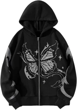 Womens Y2K Sweatshirt Casual Zip Up Oversize Hoodie Butterfly Graphic Jacket 90S E-Girl Hoodie Long Sleeve Streetwear