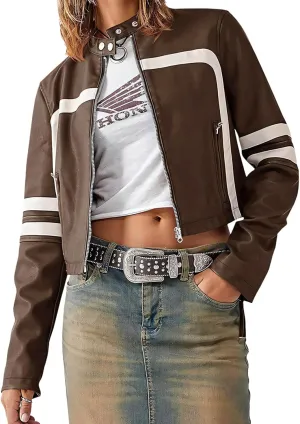 Wuitrie Womens Faux Leather Jacket Color Block Cropped Jacket Long Sleeve Zipper Motorcycle Jacket Vintage Coat Streetwear
