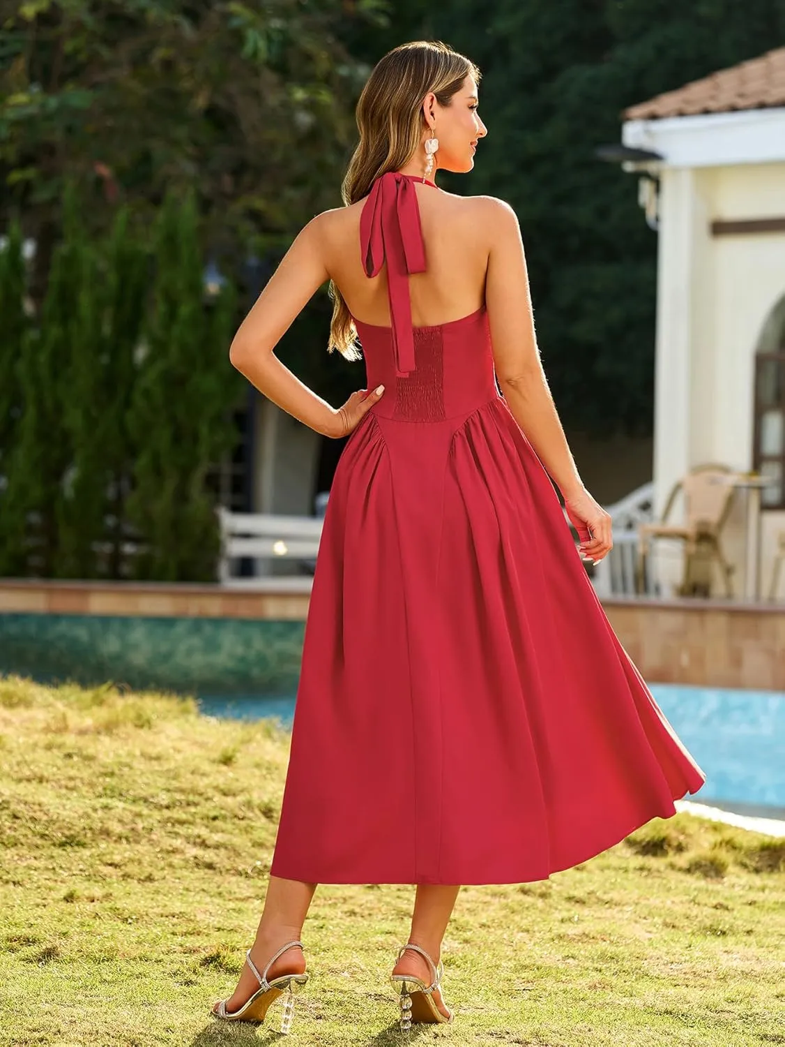 XinFSh Women's Summer Halter Midi Dress Casual Sleeveless Flowy Corset Dresses Sweetheart Milkmaid Beach Vacation Sundress